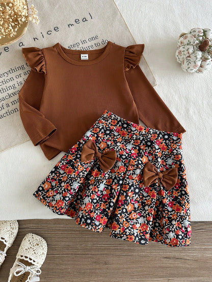 Playful Pals Baby Girls Unisex Infant Toddler 0-3 Years Spring/Autumn Black Elegant Style Crew Neck Pullover Top With Black Bow Knot Decor Coffee Brown Plaid Woven Skirt Set, Elegant Style Casua