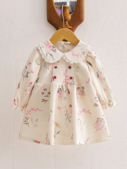 Playful Pals Newborn Baby Girls Cute Ballet Girl Print Casual Daily Dress, Autumn/Winter