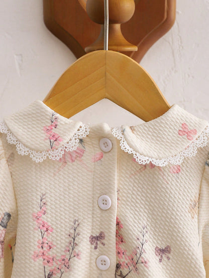 Playful Pals Newborn Baby Girls Cute Ballet Girl Print Casual Daily Dress, Autumn/Winter