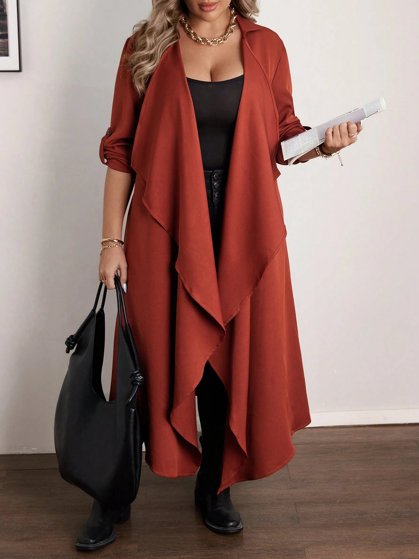 Plus Size Casual Waterfall Collar Long Jacket Fall Women Clotheswomen Long Cardiganlong Cardigans Ladies