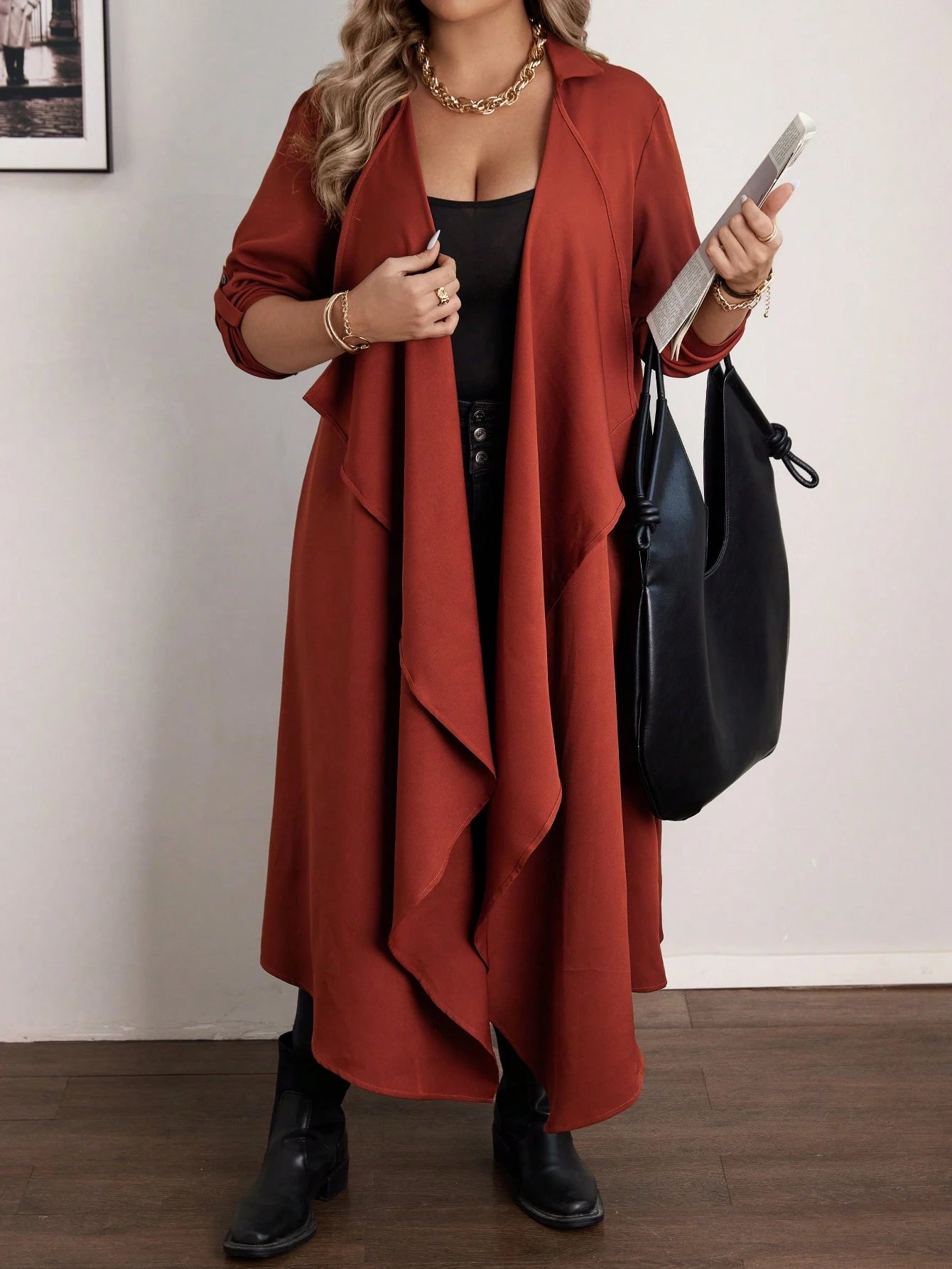 Plus Size Casual Waterfall Collar Long Jacket Fall Women Clotheswomen Long Cardiganlong Cardigans Ladies