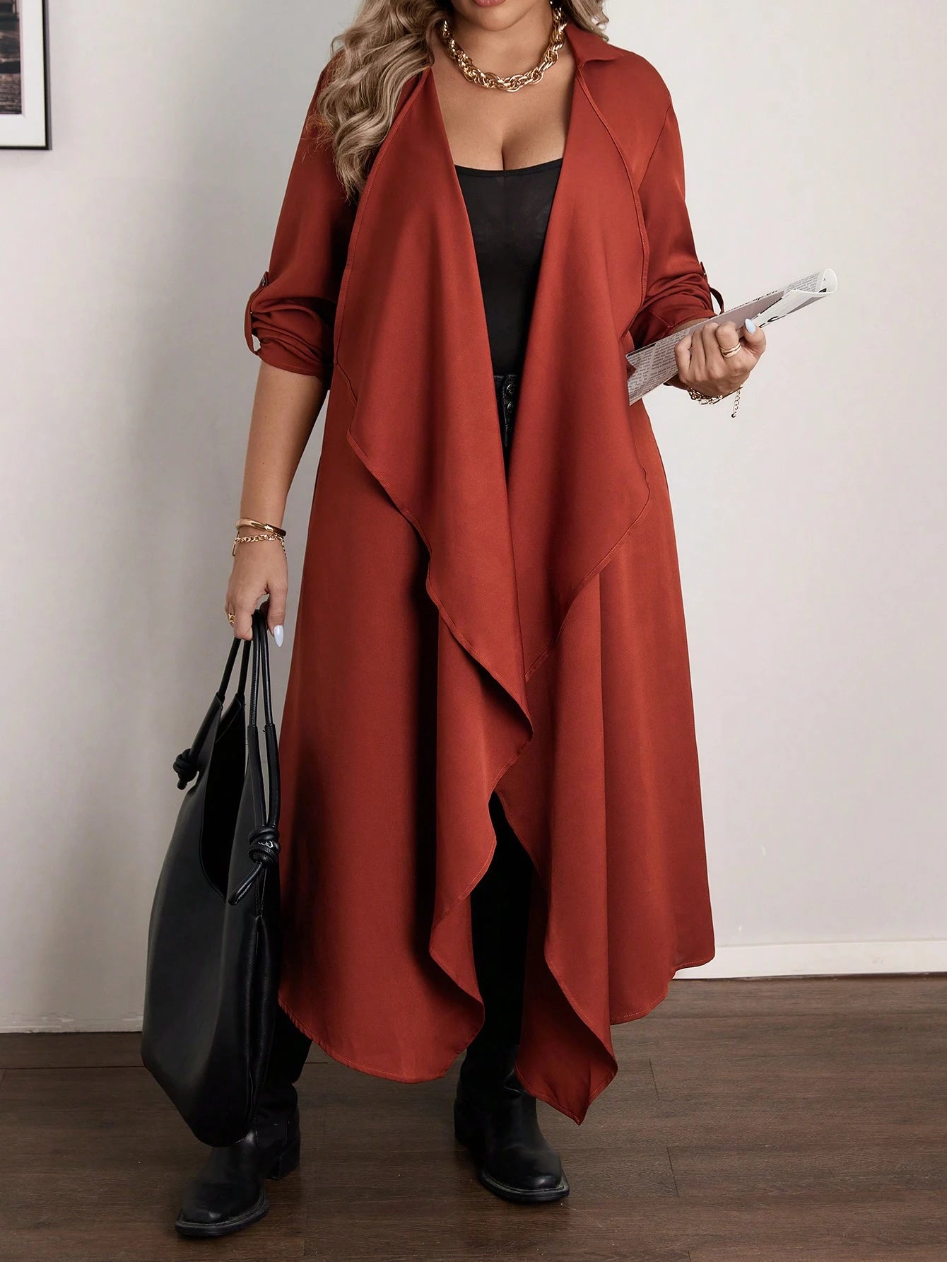 Plus Size Casual Waterfall Collar Long Jacket Fall Women Clotheswomen Long Cardiganlong Cardigans Ladies