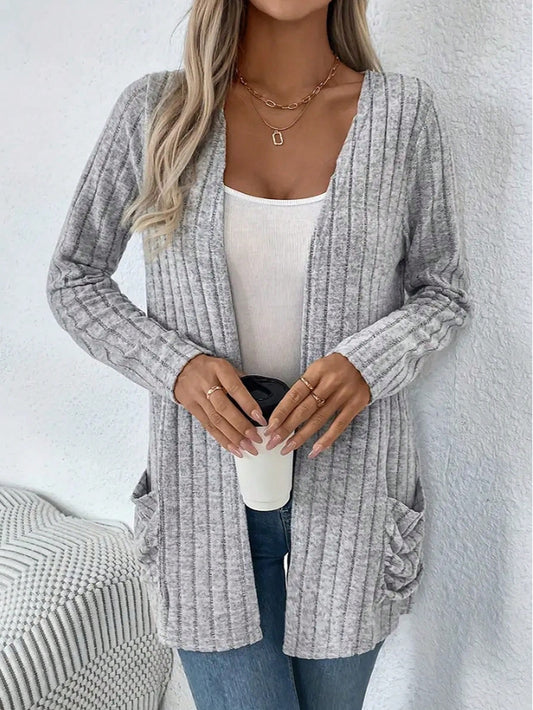 Plus Size Loose Gray Ribbed Knit Cardigan For Women, With Pockets, Long Sleeve Spring