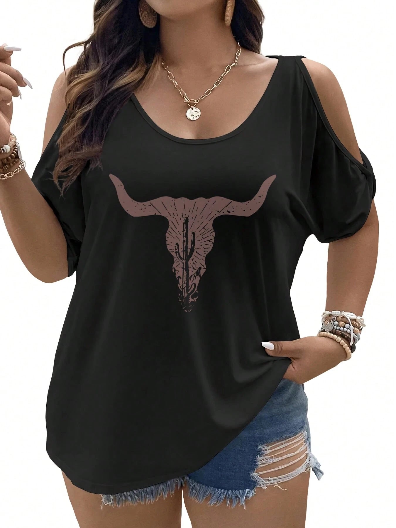 Plus Size- Plus Size- Women's Western Cowboy Style Oversized Top, Featuring Irregular Sizing And An Elegant Off-The-Shoulder Design.Very Suitable For Casual Retro Looks