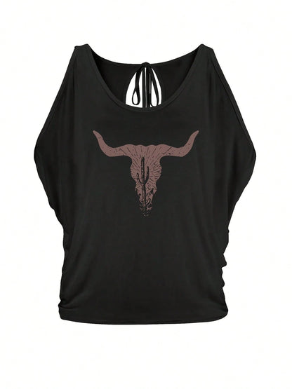 Plus Size- Plus Size- Women's Western Cowboy Style Oversized Top, Featuring Irregular Sizing And An Elegant Off-The-Shoulder Design.Very Suitable For Casual Retro Looks