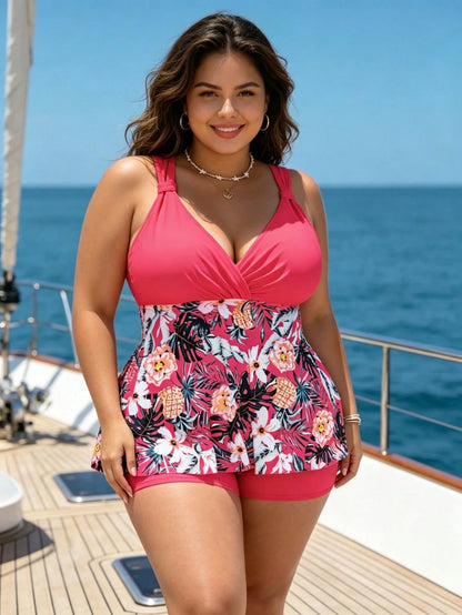 Plus Size Tank Vest Floral Print Swimdress With Boxer Bottom For Women, Medium Stretch Sleeveless Swimsuit