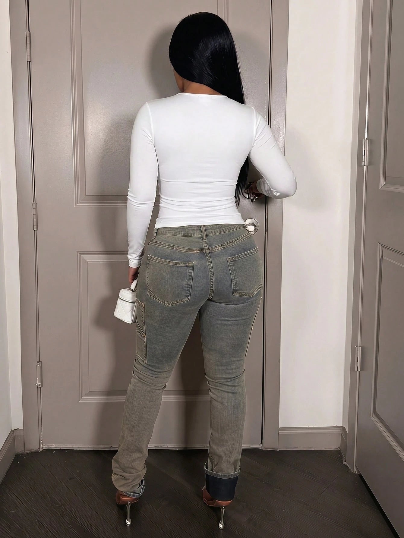 Plus Size White Long Sleeve Top- Crewneck Fitted Tee For Women, Casual Basic Solid Blouse For Work, School & EverydayGoing Out & Country Concert Outfit