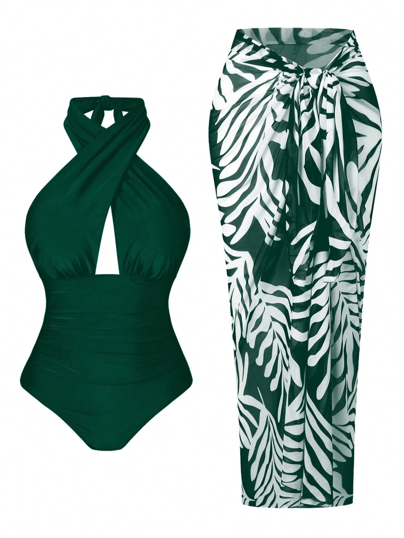 Plus Size Women 2pcs Set Halter Backless One-Piece Swimsuit With Random Print Long Beach Cover Up Skirt, Vacation Casual Swimwear Set