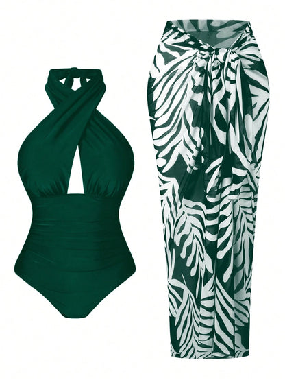 Plus Size Women 2pcs Set Halter Backless One-Piece Swimsuit With Random Print Long Beach Cover Up Skirt, Vacation Casual Swimwear Set