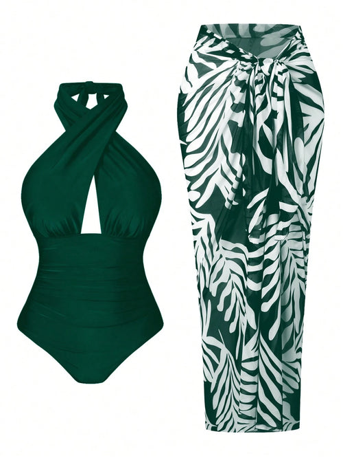 Plus Size Women 2pcs Set Halter Backless One-Piece Swimsuit With Random Print Long Beach Cover Up Skirt, Vacation Casual Swimwear Set