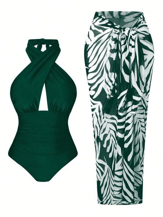 Plus Size Women 2pcs Set Halter Backless One-Piece Swimsuit With Random Print Long Beach Cover Up Skirt, Vacation Casual Swimwear Set