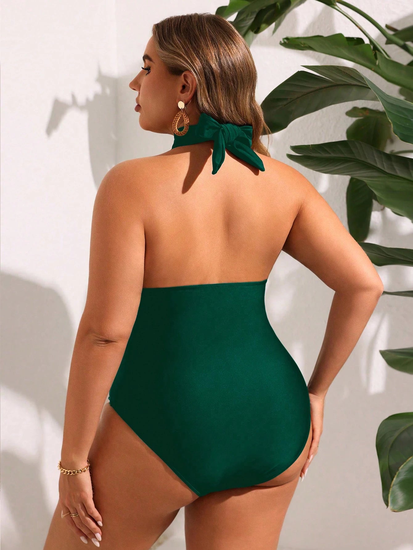 Plus Size Women 2pcs Set Halter Backless One-Piece Swimsuit With Random Print Long Beach Cover Up Skirt, Vacation Casual Swimwear Set