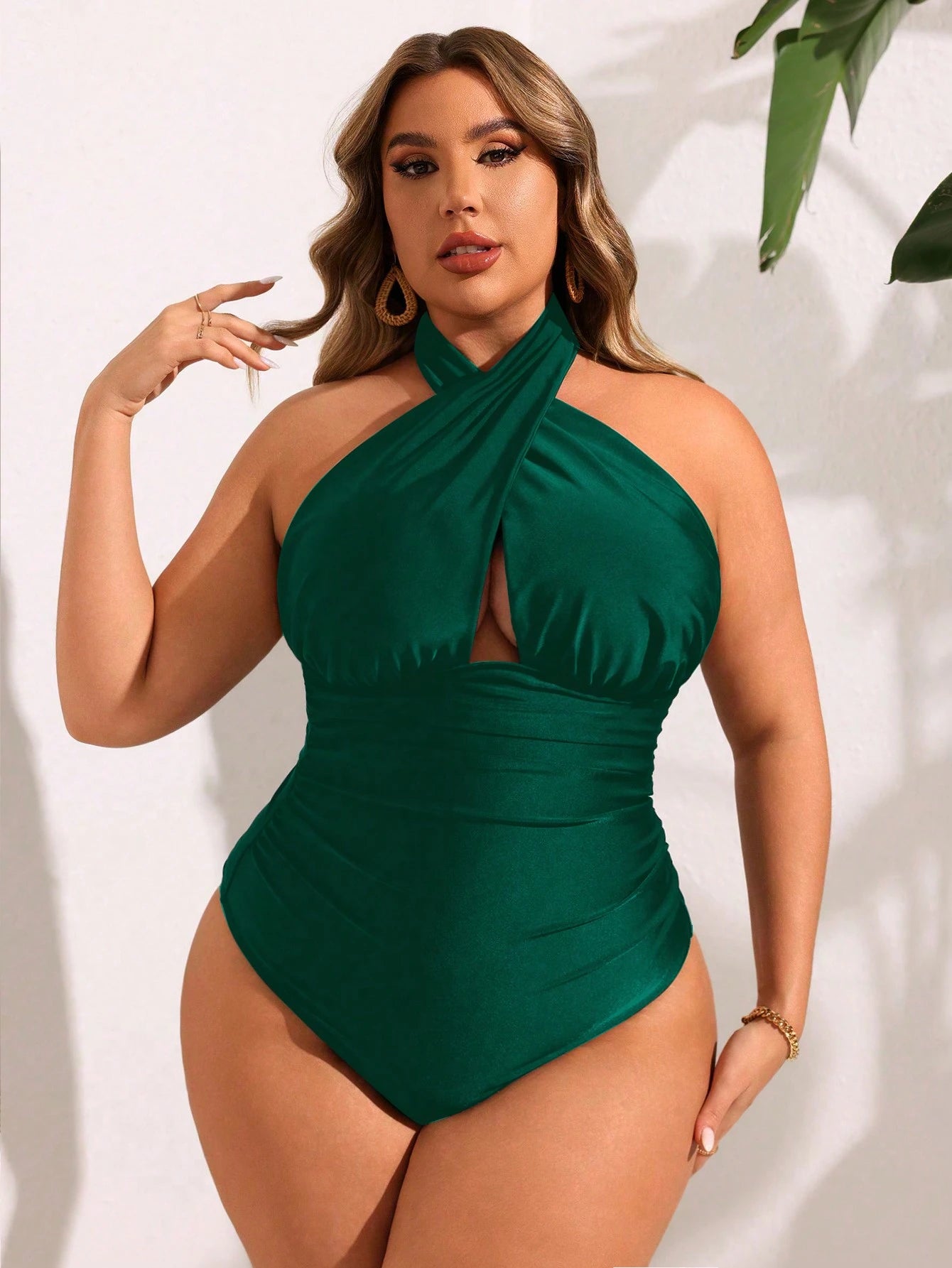 Plus Size Women 2pcs Set Halter Backless One-Piece Swimsuit With Random Print Long Beach Cover Up Skirt, Vacation Casual Swimwear Set