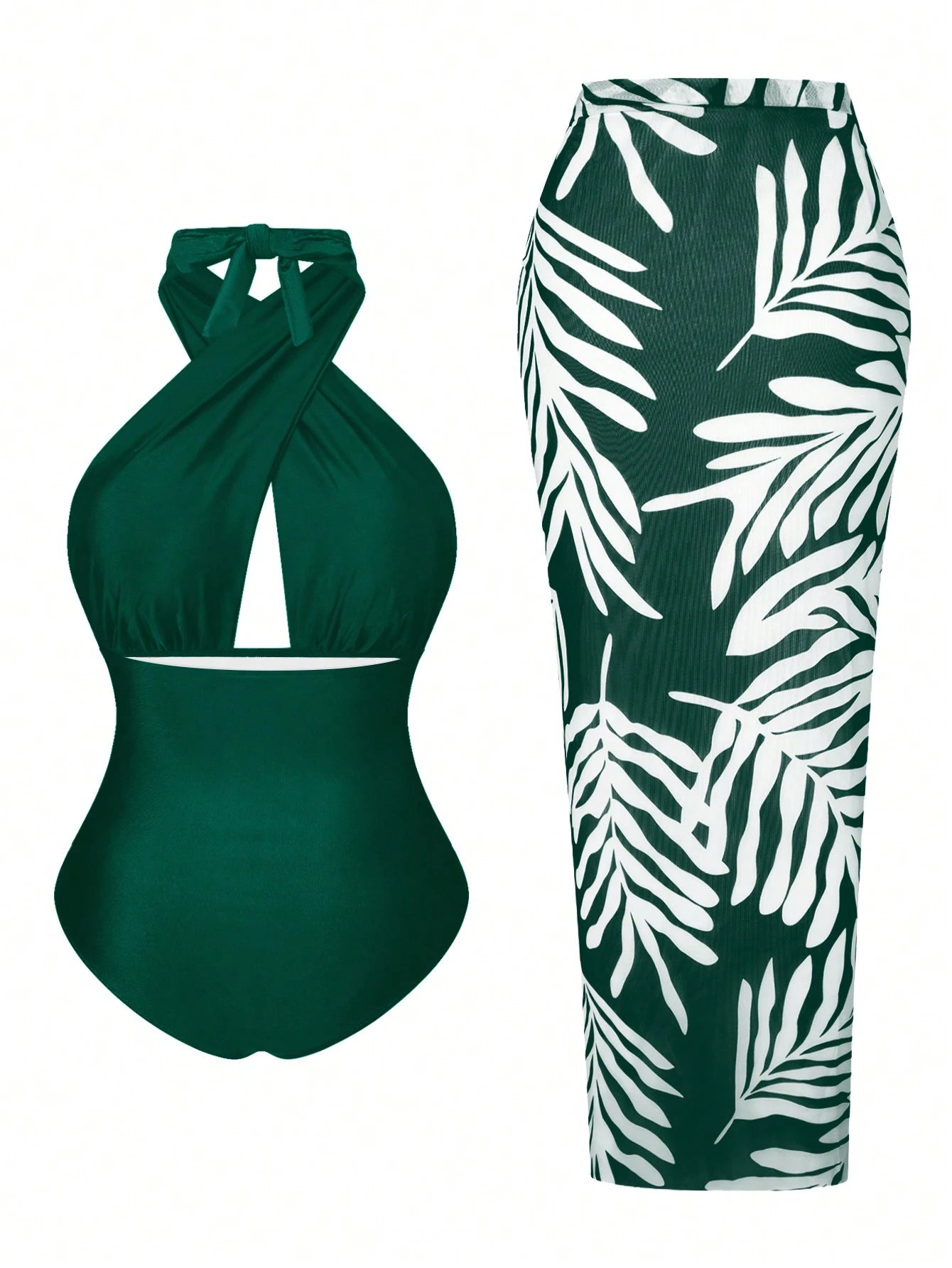Plus Size Women 2pcs Set Halter Backless One-Piece Swimsuit With Random Print Long Beach Cover Up Skirt, Vacation Casual Swimwear Set