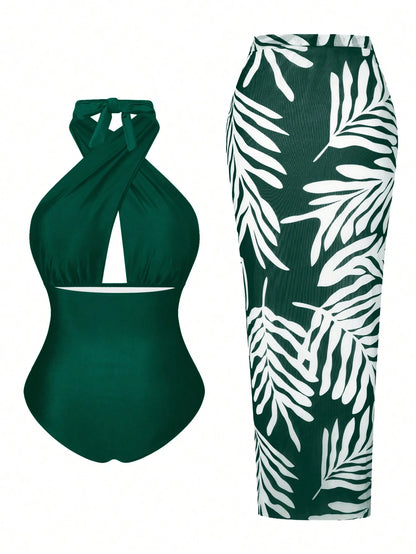 Plus Size Women 2pcs Set Halter Backless One-Piece Swimsuit With Random Print Long Beach Cover Up Skirt, Vacation Casual Swimwear Set