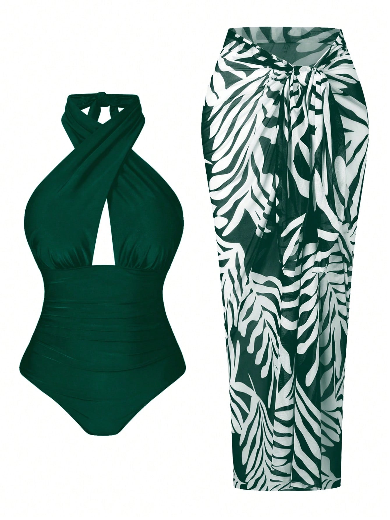 Plus Size Women 2pcs Set Halter Backless One-Piece Swimsuit With Random Print Long Beach Cover Up Skirt, Vacation Casual Swimwear Set