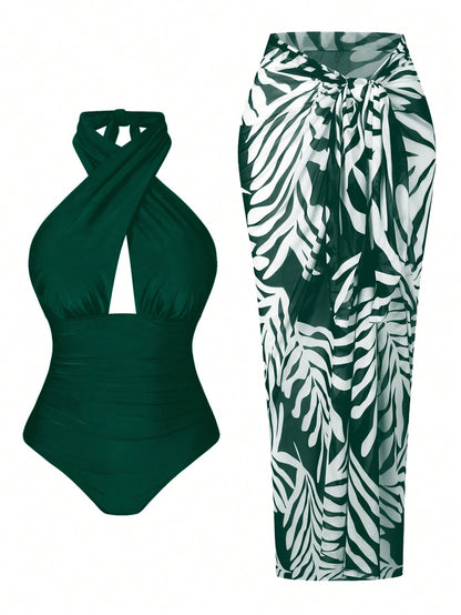 Plus Size Women 2pcs Set Halter Backless One-Piece Swimsuit With Random Print Long Beach Cover Up Skirt, Vacation Casual Swimwear Set
