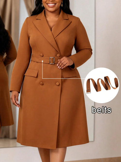 Plus Size Women Brown Tailored Blazer Dress Notched Lapel Double Breasted Cinched Waist Waist Long Sleeve A Line Midi Formal Office Church Party