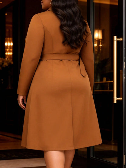 Plus Size Women Brown Tailored Blazer Dress Notched Lapel Double Breasted Cinched Waist Waist Long Sleeve A Line Midi Formal Office Church Party