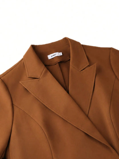 Plus Size Women Brown Tailored Blazer Dress Notched Lapel Double Breasted Cinched Waist Waist Long Sleeve A Line Midi Formal Office Church Party