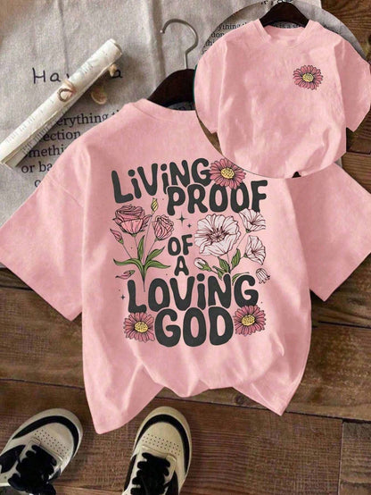 Plus Size Women Casual Floral & Slogan Print Round Neck Short Sleeve T-Shirt Pink Summer