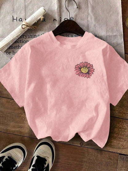 Plus Size Women Casual Floral & Slogan Print Round Neck Short Sleeve T-Shirt Pink Summer