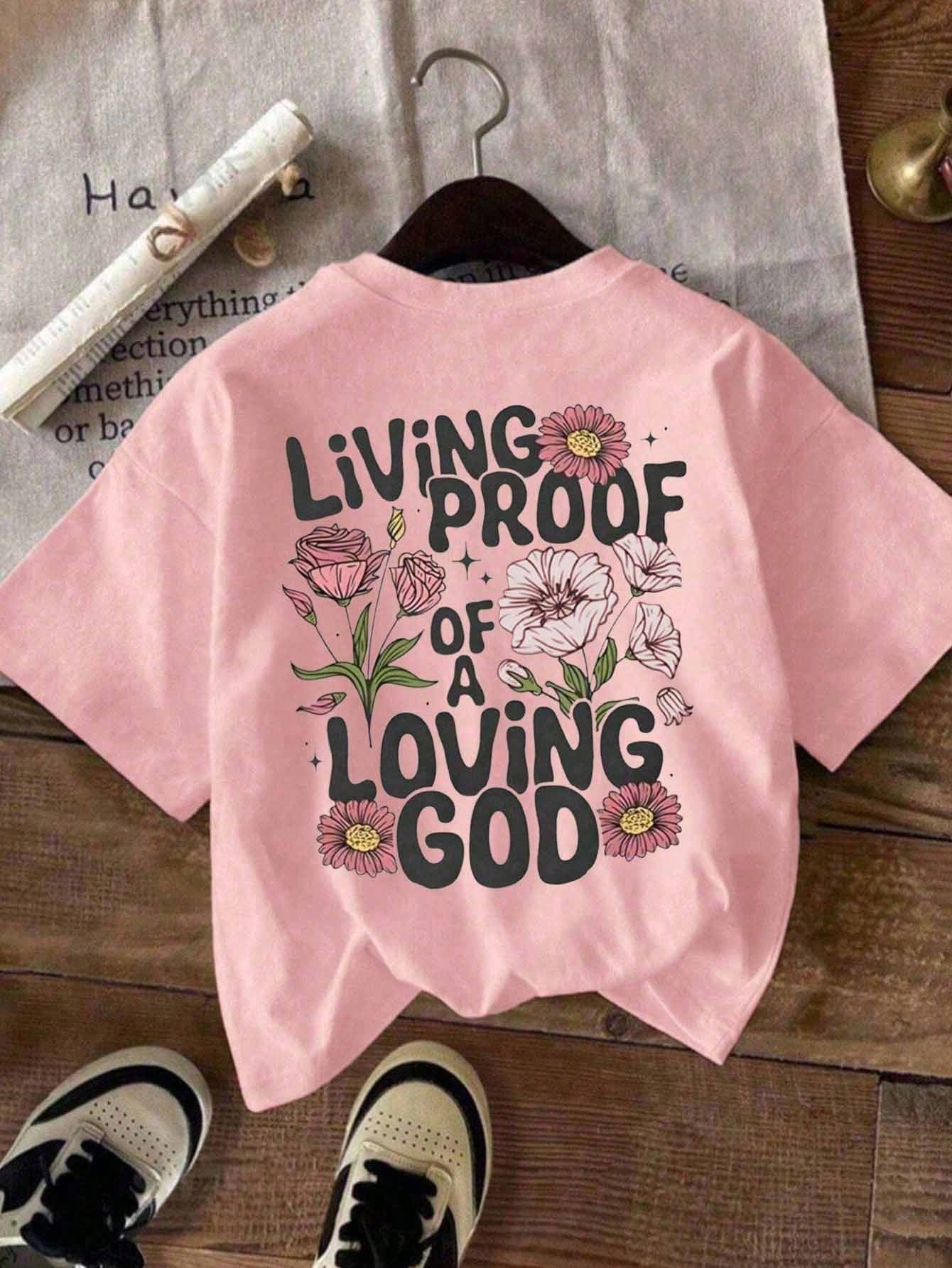 Plus Size Women Casual Floral & Slogan Print Round Neck Short Sleeve T-Shirt Pink Summer