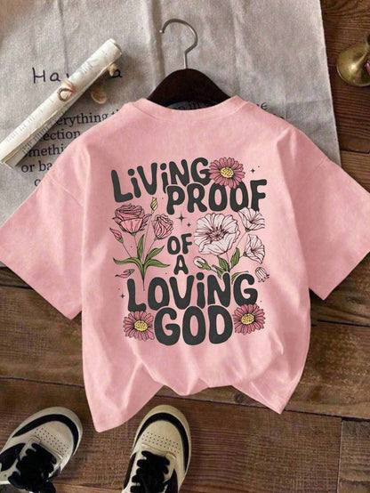 Plus Size Women Casual Floral & Slogan Print Round Neck Short Sleeve T-Shirt Pink Summer