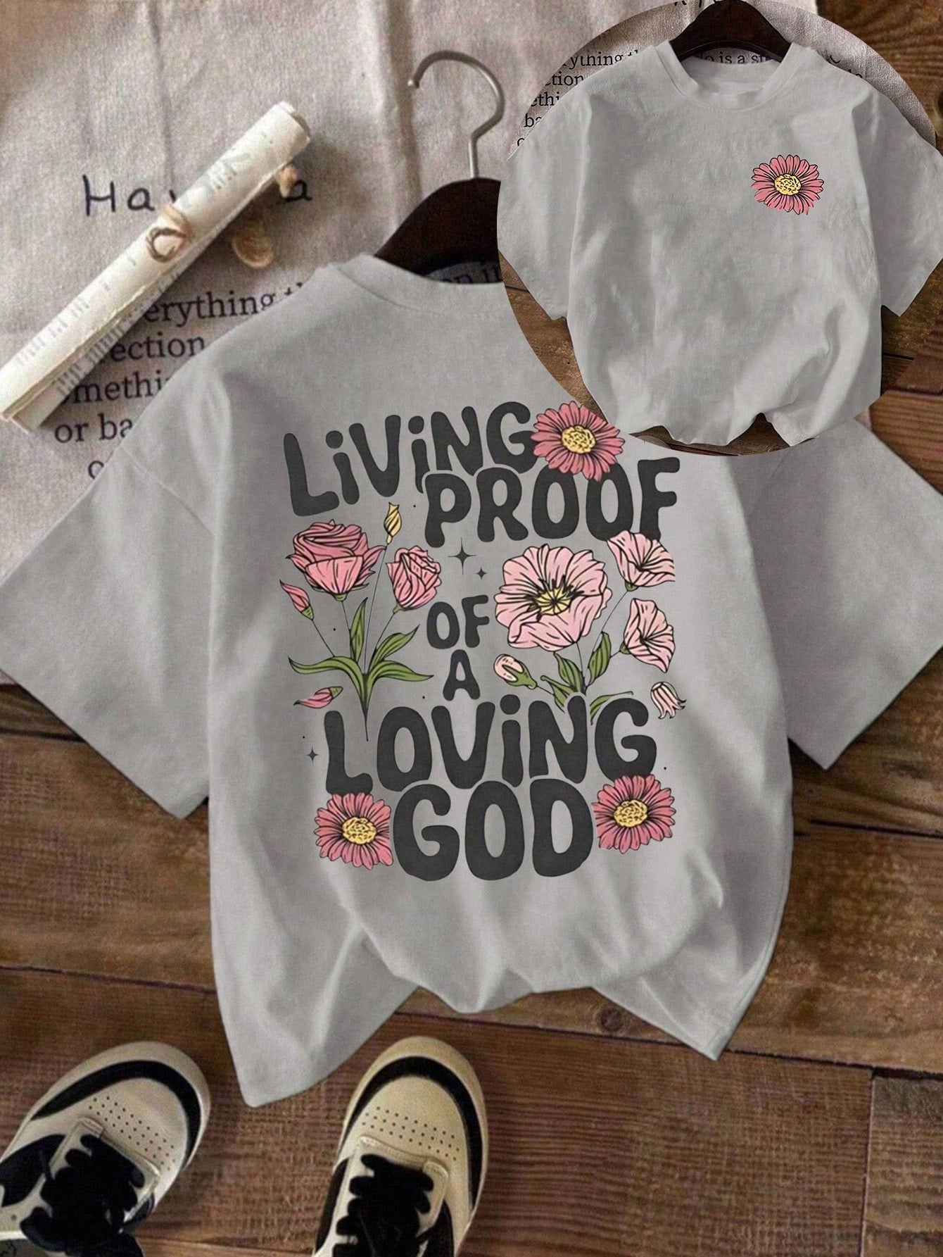 Plus Size Women Casual Floral & Slogan Print Round Neck Short Sleeve T-Shirt Pink Summer