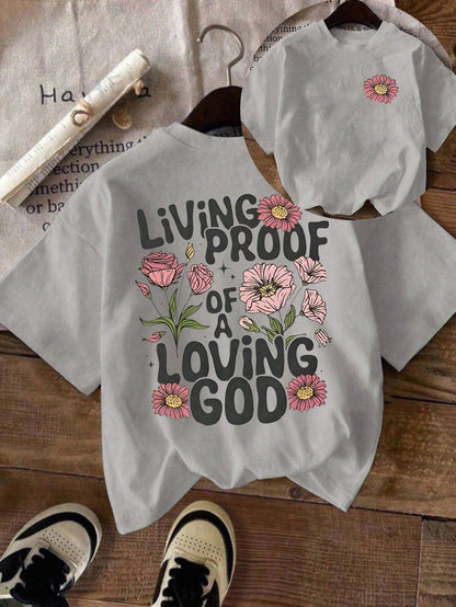 Plus Size Women Casual Floral & Slogan Print Round Neck Short Sleeve T-Shirt Pink Summer