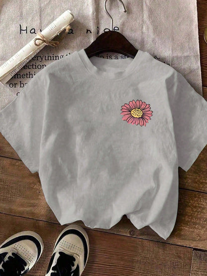 Plus Size Women Casual Floral & Slogan Print Round Neck Short Sleeve T-Shirt Pink Summer