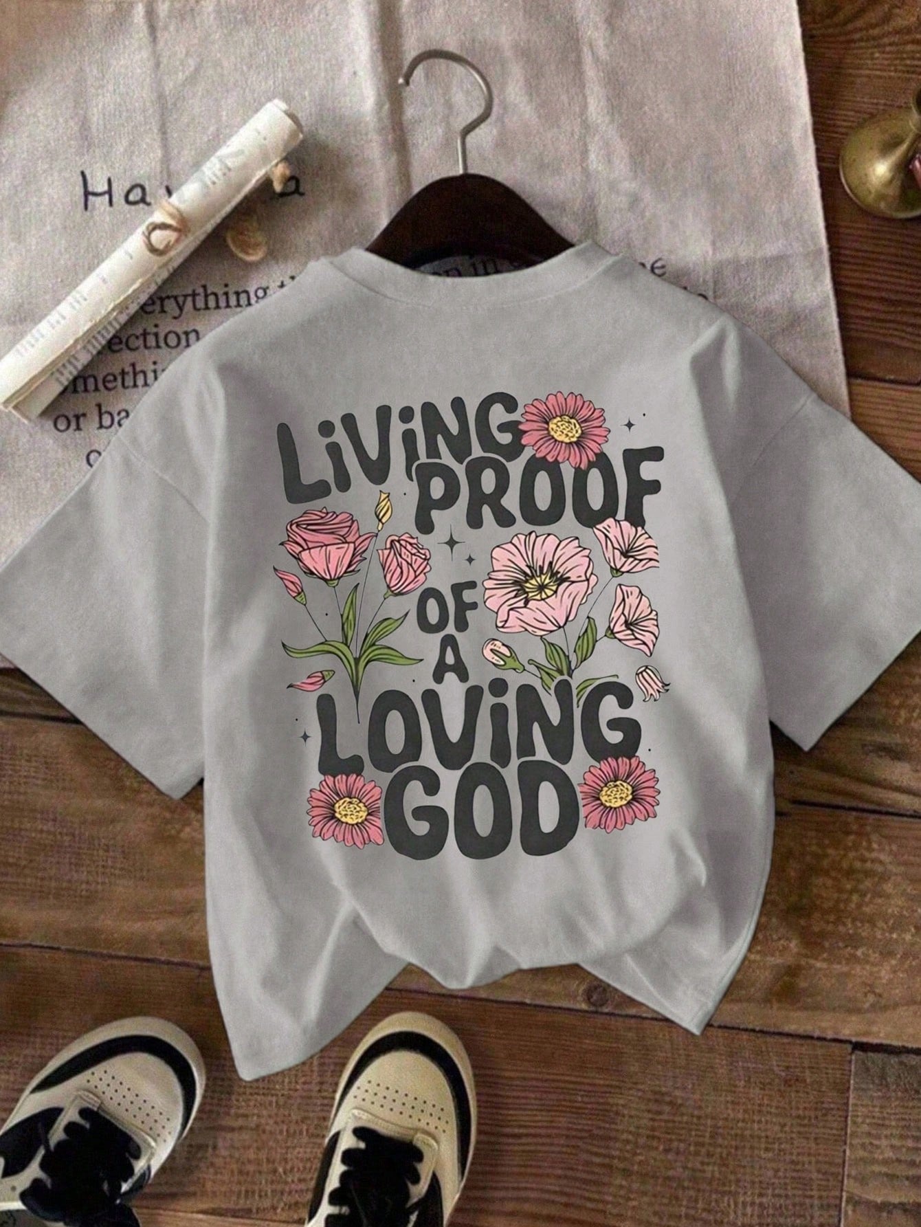Plus Size Women Casual Floral & Slogan Print Round Neck Short Sleeve T-Shirt Pink Summer