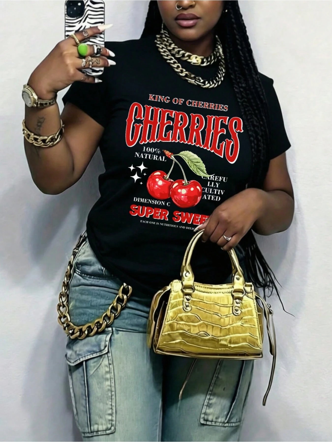 Plus Size Women Clothes,Cherries,Y2K,220g 100% Cotton Short Sleeve Casual Curvy T-Shirt,Graphic Tees Women,Going Out Tops,Summer Outfits For Women