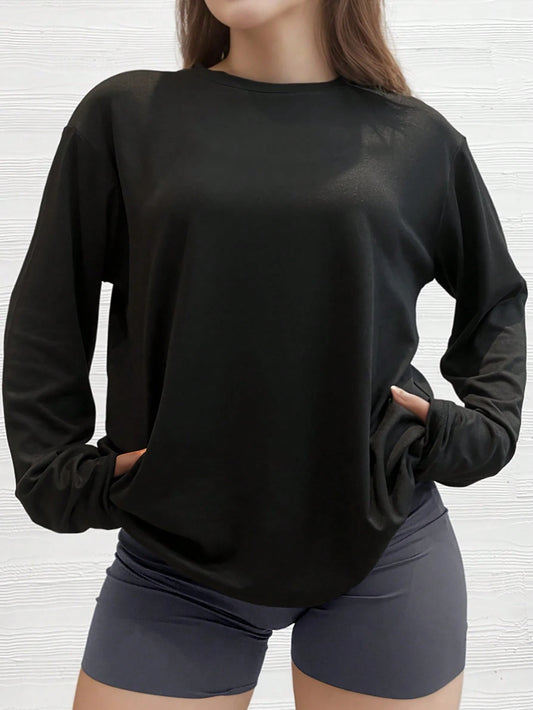 Plus Size Women's Blouse Shirt, Plus Size Loose Fit Long Sleeve T-Shirt, Solid Black, Casual Relaxed Style, Suitable For Autumn/Winter Daily Wear Sports