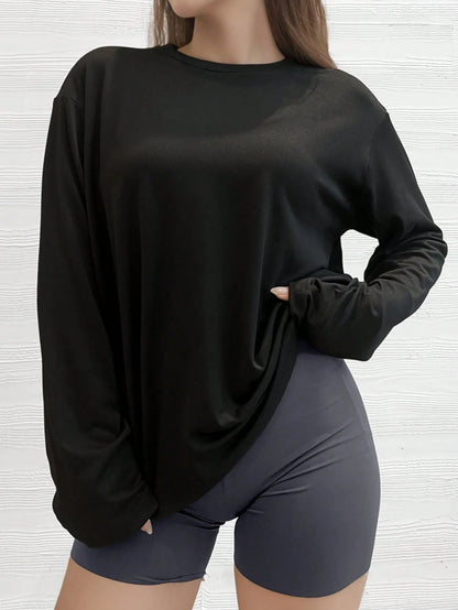 Plus Size Women's Blouse Shirt, Plus Size Loose Fit Long Sleeve T-Shirt, Solid Black, Casual Relaxed Style, Suitable For Autumn/Winter Daily Wear Sports