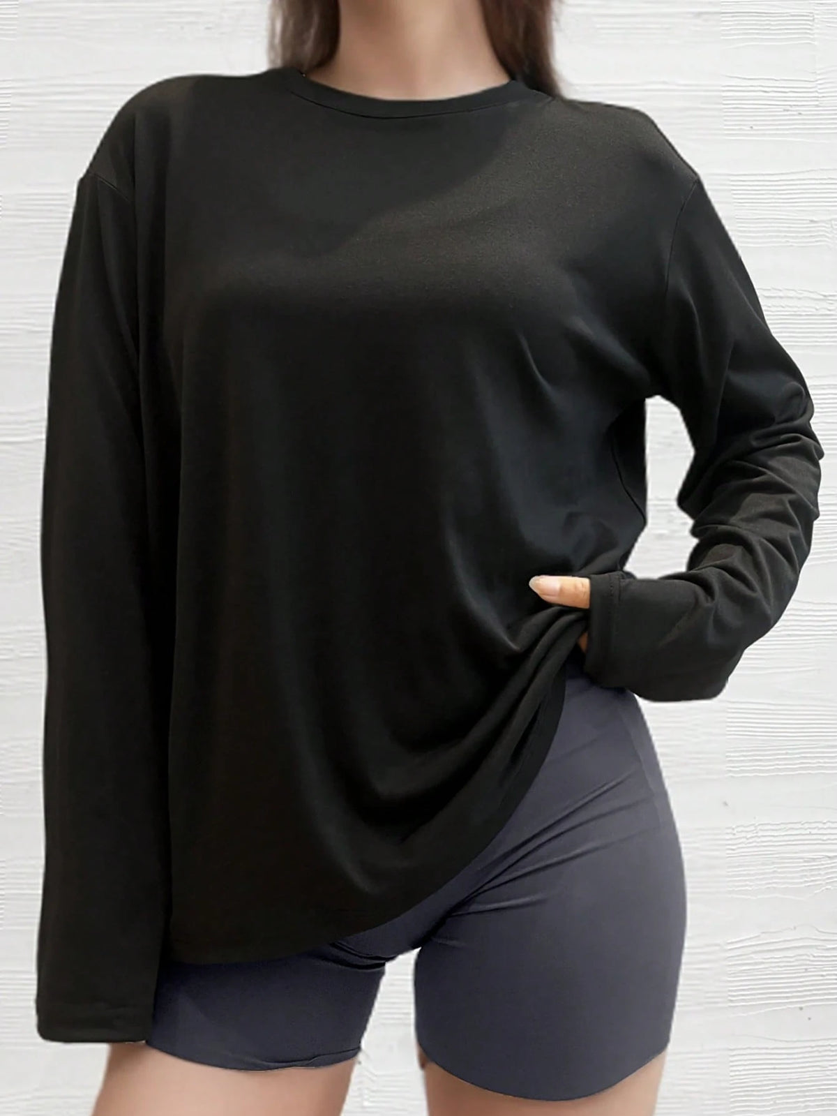 Plus Size Women's Blouse Shirt, Plus Size Loose Fit Long Sleeve T-Shirt, Solid Black, Casual Relaxed Style, Suitable For Autumn/Winter Daily Wear Sports