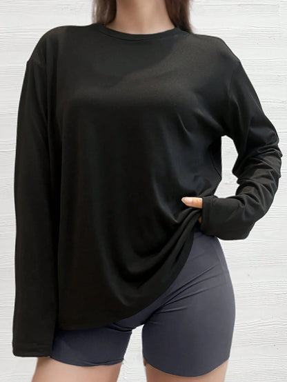 Plus Size Women's Blouse Shirt, Plus Size Loose Fit Long Sleeve T-Shirt, Solid Black, Casual Relaxed Style, Suitable For Autumn/Winter Daily Wear Sports