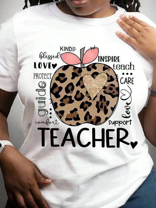 Plus Size Women's Cotton T- Shirt For Teachers With A Cute Leopard- Print Apple And Inspiring Words. Ideal For Spring And Summer, Perfect For Casual Daily Wear.