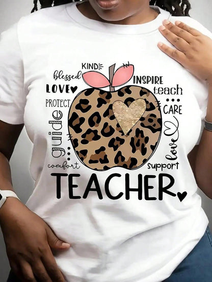 Plus Size Women's Cotton T- Shirt For Teachers With A Cute Leopard- Print Apple And Inspiring Words. Ideal For Spring And Summer, Perfect For Casual Daily Wear.