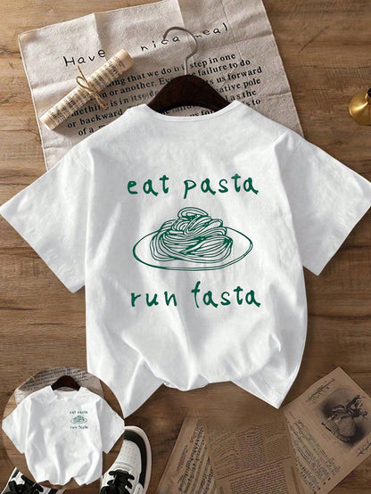 Plus Size Women's Daily Fun Spaghetti Sketch Slogan Print Casual T-Shirt, Round Neck Short Sleeve, Spring/Summer/Autumn, Vacation