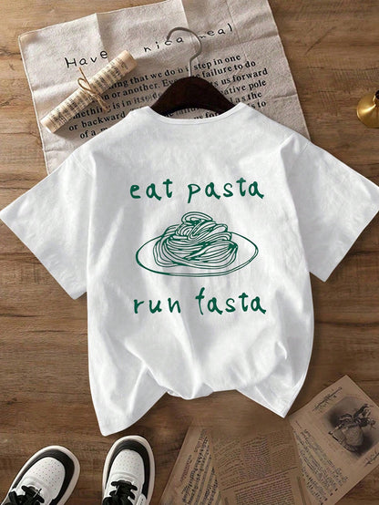 Plus Size Women's Daily Fun Spaghetti Sketch Slogan Print Casual T-Shirt, Round Neck Short Sleeve, Spring/Summer/Autumn, Vacation