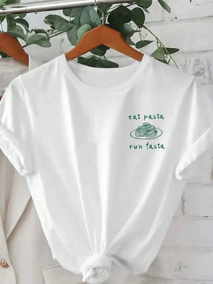 Plus Size Women's Daily Fun Spaghetti Sketch Slogan Print Casual T-Shirt, Round Neck Short Sleeve, Spring/Summer/Autumn, Vacation