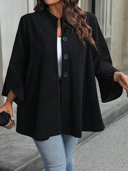 Plus Size Women's Knit Woolen Black 3/4 Sleeve Stand Collar Button Decorated Midi Coat, Suitable For Autumn, Winter, Christmas, Halloween Party Fall