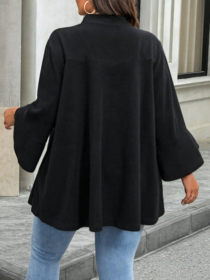 Plus Size Women's Knit Woolen Black 3/4 Sleeve Stand Collar Button Decorated Midi Coat, Suitable For Autumn, Winter, Christmas, Halloween Party Fall