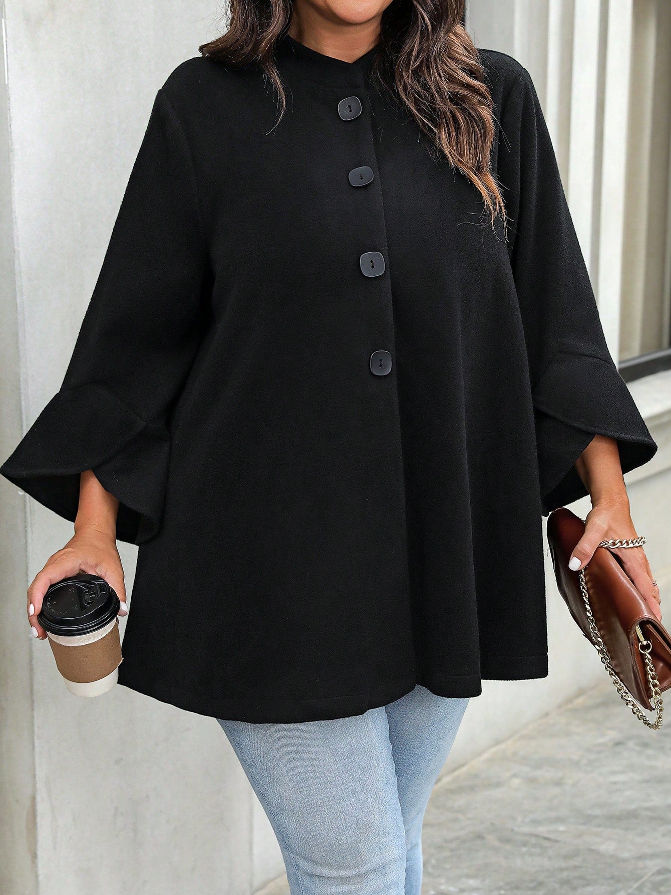 Plus Size Women's Knit Woolen Black 3/4 Sleeve Stand Collar Button Decorated Midi Coat, Suitable For Autumn, Winter, Christmas, Halloween Party Fall