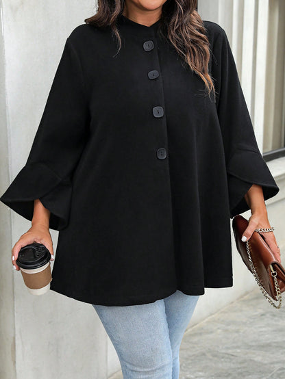 Plus Size Women's Knit Woolen Black 3/4 Sleeve Stand Collar Button Decorated Midi Coat, Suitable For Autumn, Winter, Christmas, Halloween Party Fall