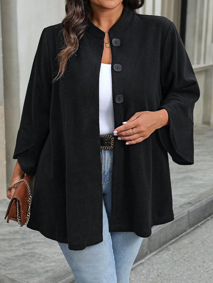 Plus Size Women's Knit Woolen Black 3/4 Sleeve Stand Collar Button Decorated Midi Coat, Suitable For Autumn, Winter, Christmas, Halloween Party Fall