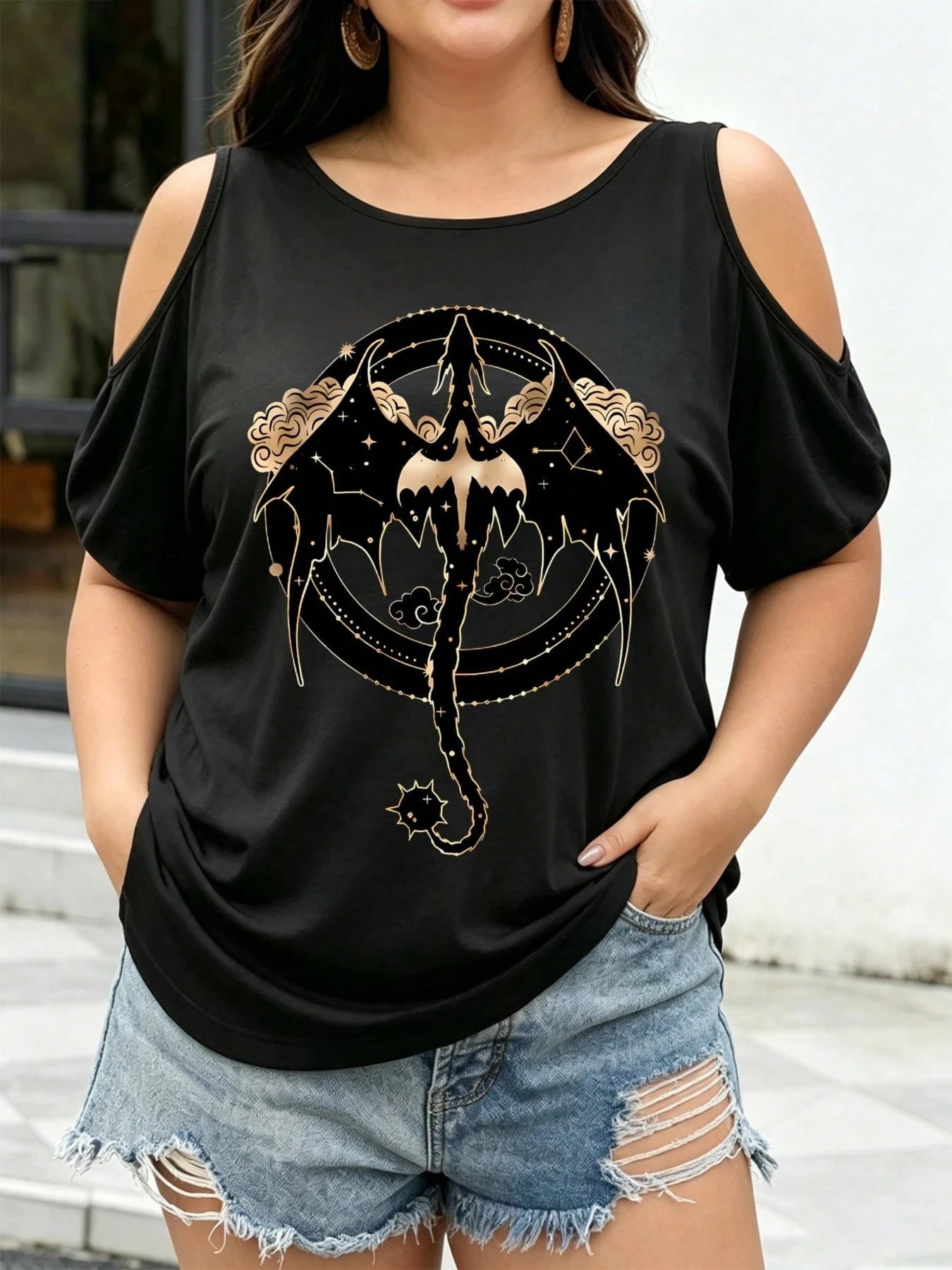 Plus Size- Women'S Oversized Dragon Graphic T-Shirt- Elegant Strapless Cold Shoulder Top With Asymmetrical Design