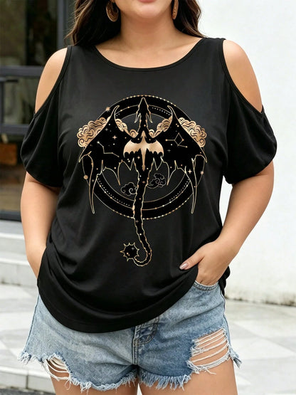 Plus Size- Women'S Oversized Dragon Graphic T-Shirt- Elegant Strapless Cold Shoulder Top With Asymmetrical Design
