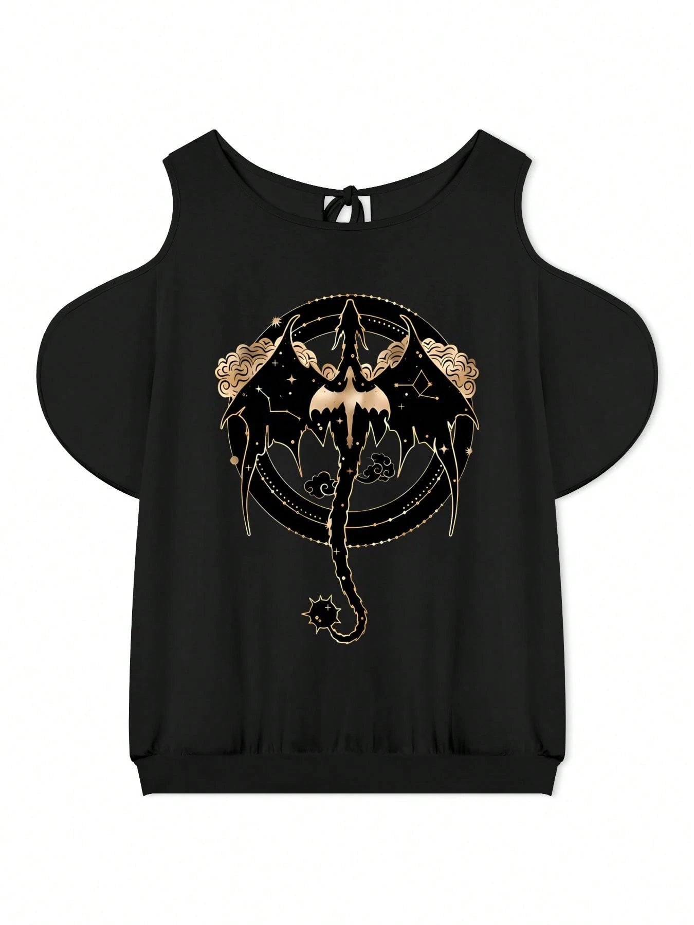 Plus Size- Women'S Oversized Dragon Graphic T-Shirt- Elegant Strapless Cold Shoulder Top With Asymmetrical Design